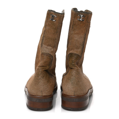 Chanel Calfskin Pony Hair Lace Up Combat Boots 37.5 Brown 5 of 7