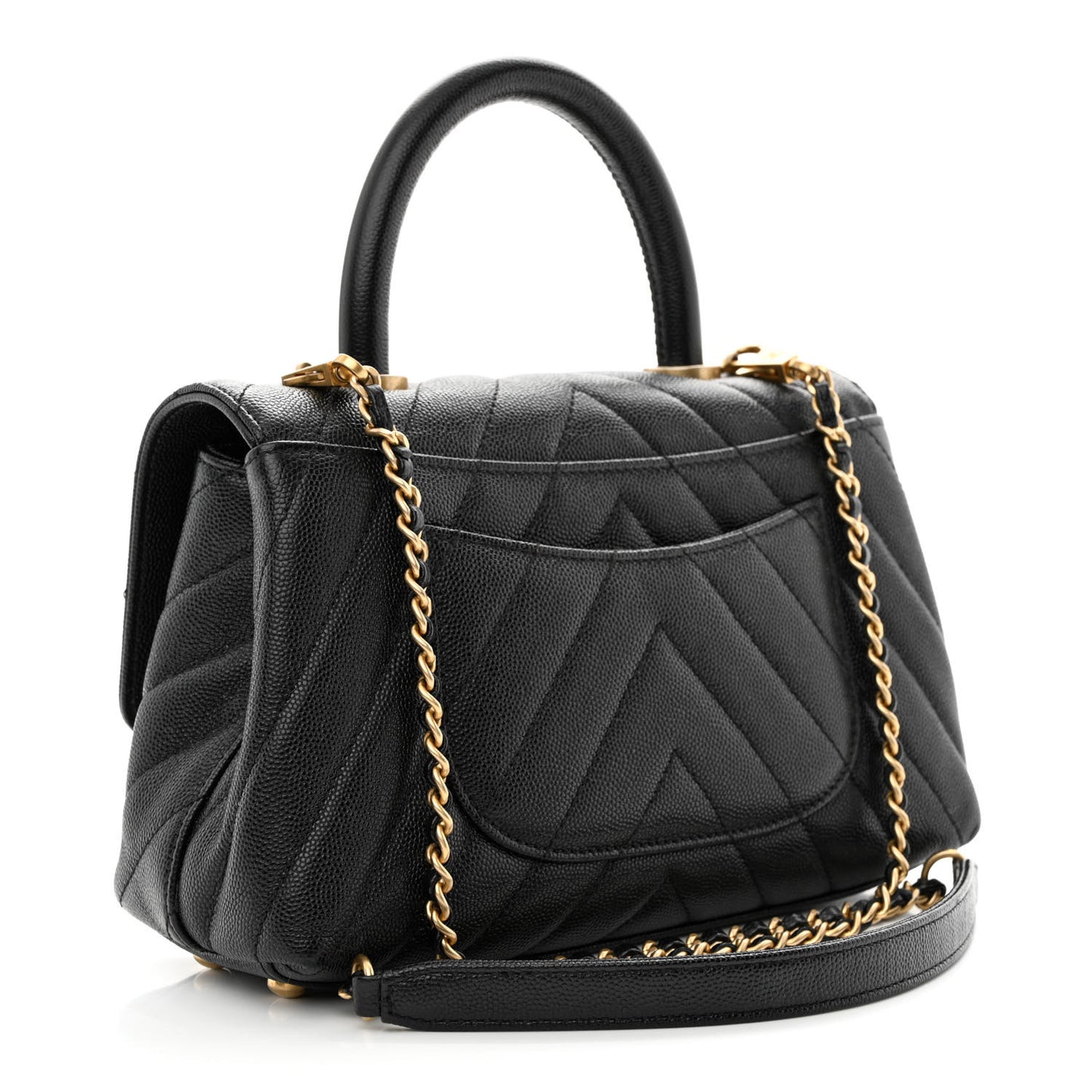 Caviar Chevron Quilted Mini Coco Handle Flap Black