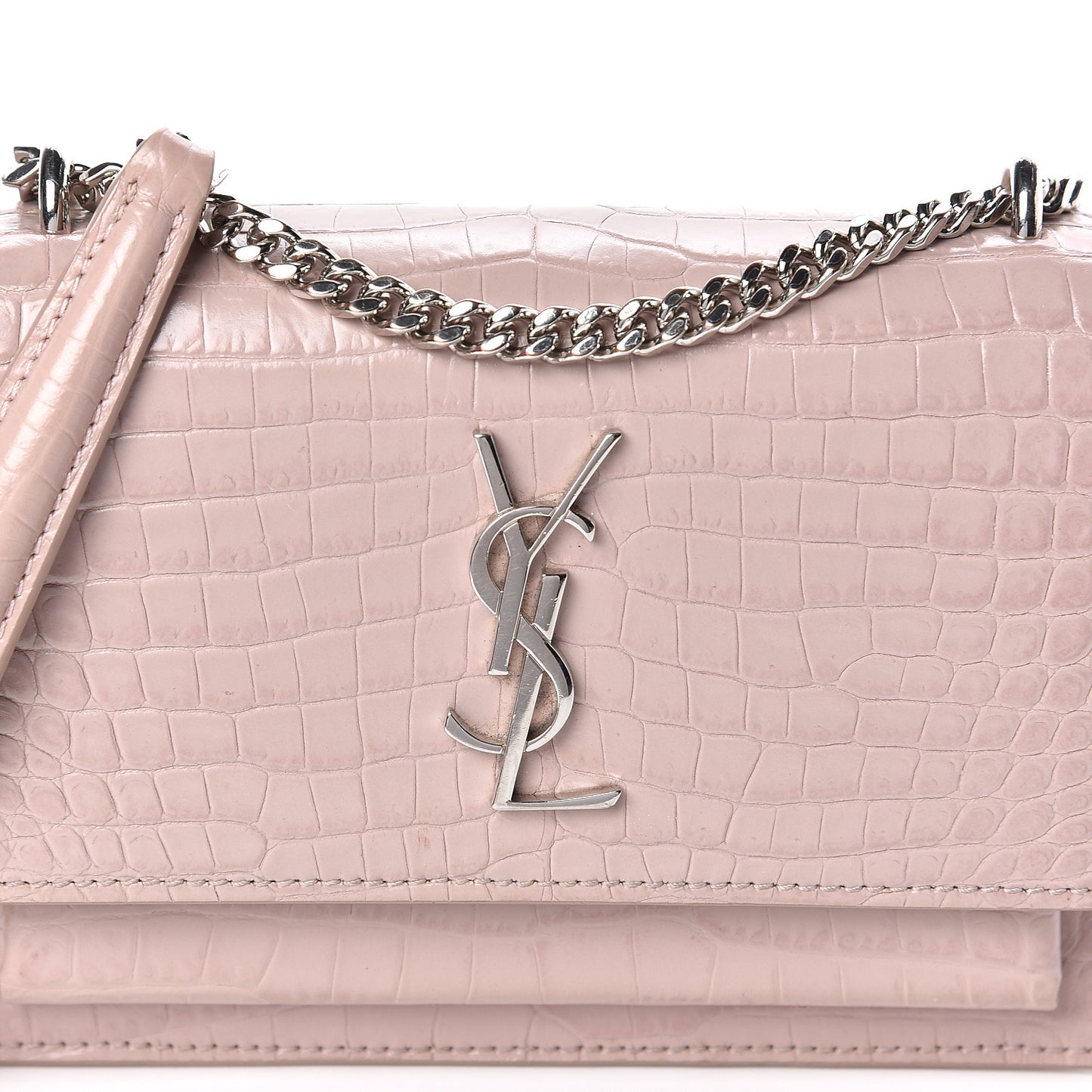 Calfskin Crocodile Embossed Monogram Sunset Chain Wallet Soft Nude