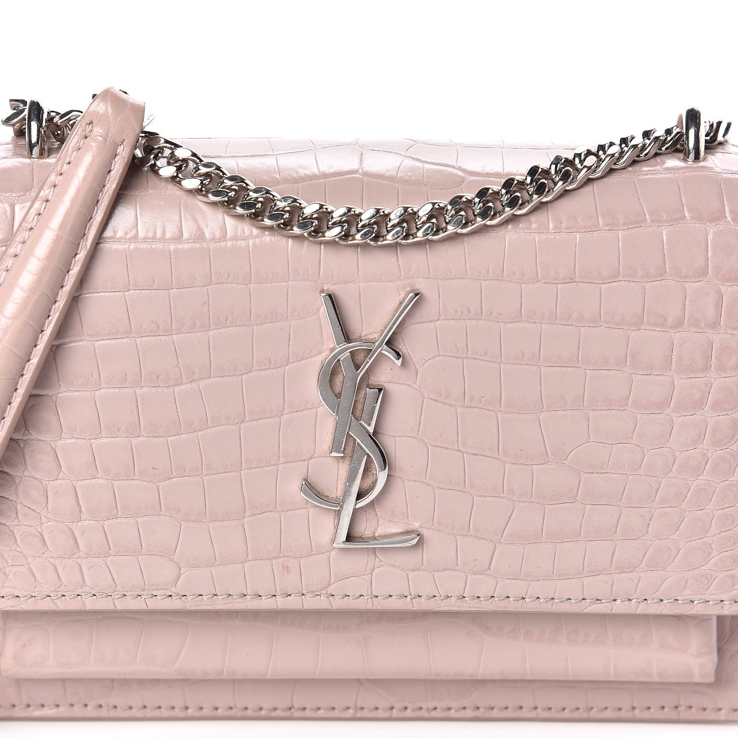 Saint Laurent Calfskin Crocodile Embossed Monogram Sunset Chain Wallet Soft Nude 12 of 12