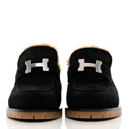 Hermes Suede Goatskin Woolskin Flore 60 Mules 37 Black Camel 2 of 8