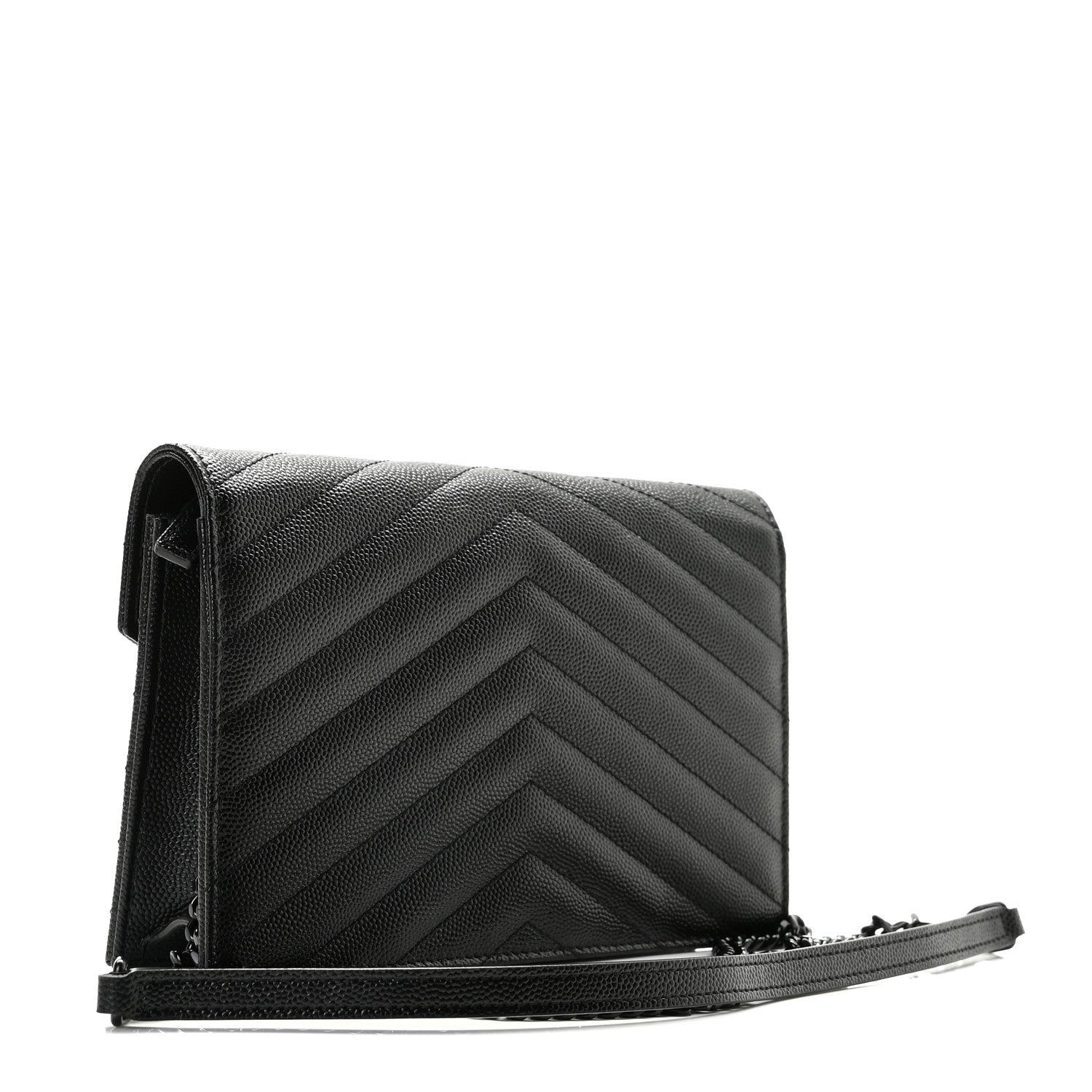 Saint Laurent Grain De Poudre Matelasse Chevron Monogram Monochrome Envelope Chain Wallet Black 2 of 6