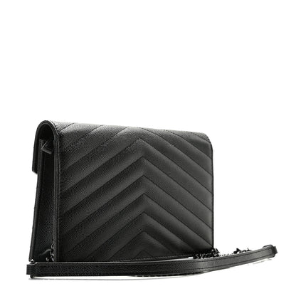 Saint Laurent Grain De Poudre Matelasse Chevron Monogram Monochrome Envelope Chain Wallet Black 2 of 6