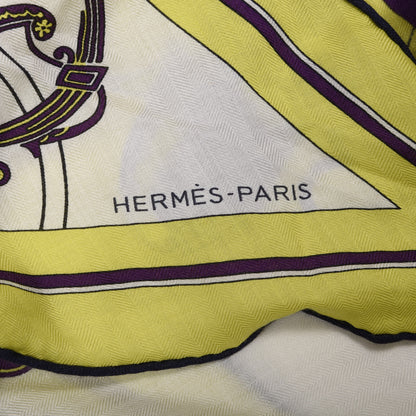 Hermes Cashmere Silk Ex-Libris Losange Scarf MM Jaune Fluo Violet Blanc 4 of 4