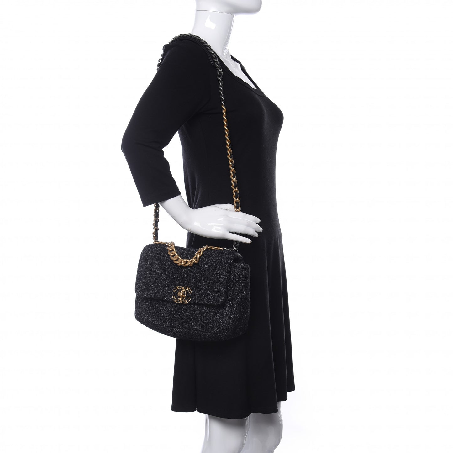 Tweed Quilted Medium Chanel 19 Flap Black