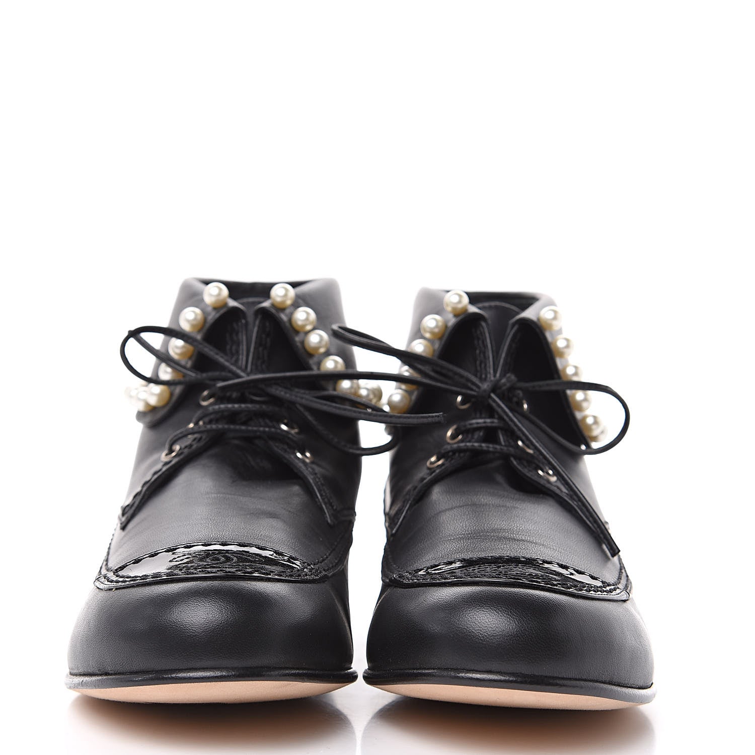 Chanel Lambskin Patent Calfskin Pearl Lace Up Boots 39.5 Black 2 of 11