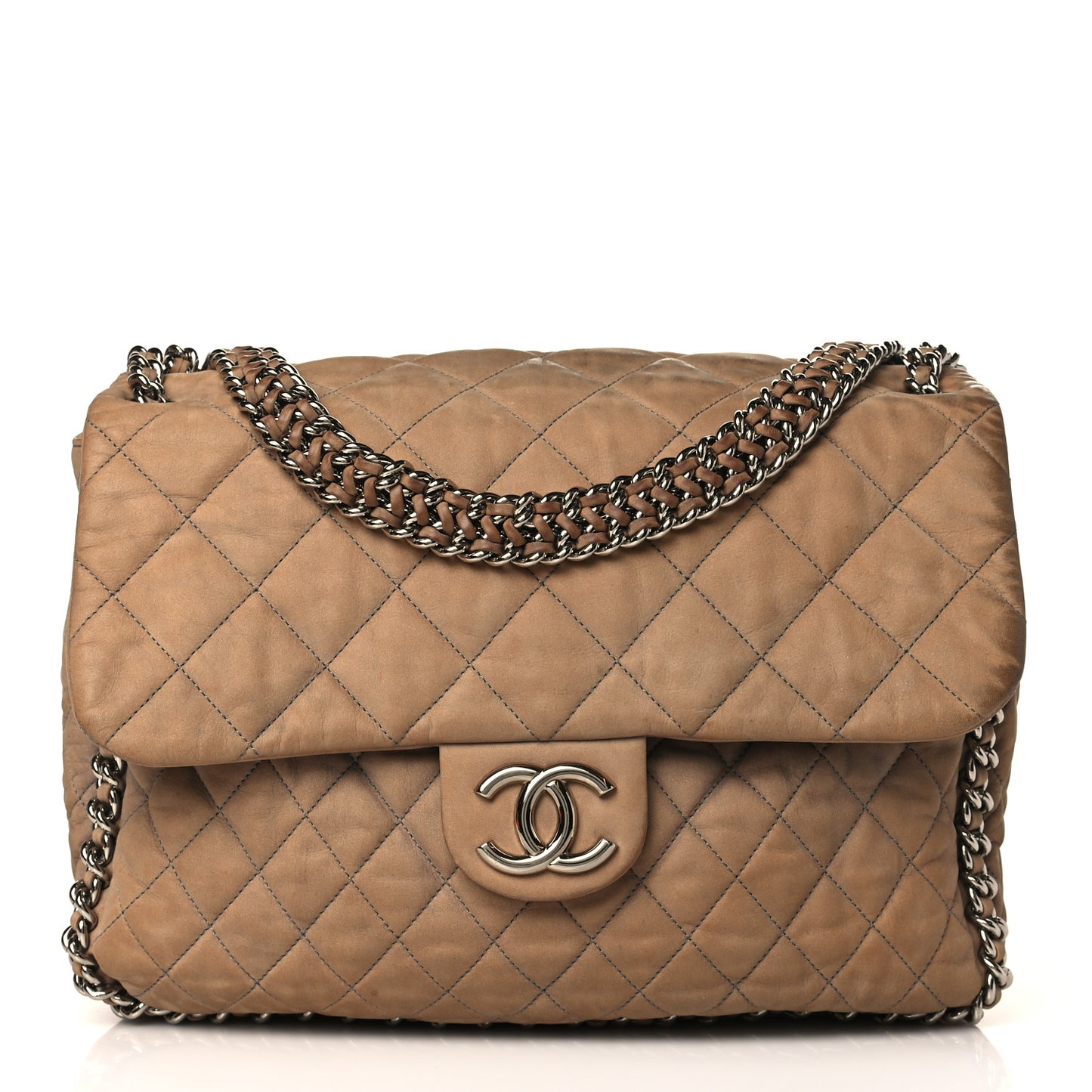 Nubuck Quilted Chain Around Maxi Flap Grey