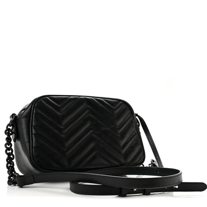 Gucci Calfskin Matelasse Monochrome Small GG Marmont Chain Shoulder Bag Black 2 of 12