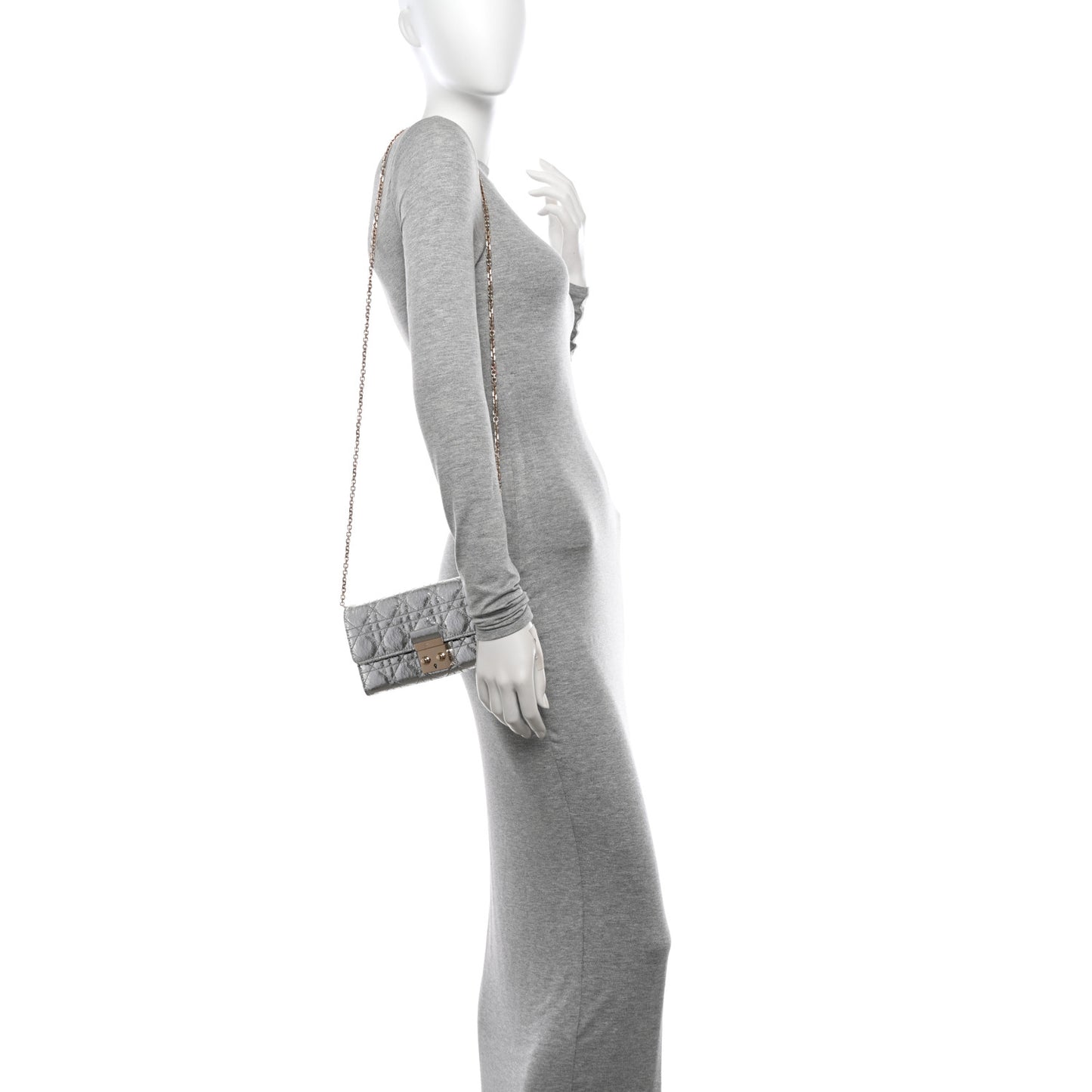 Metallic Crinkled Cannage Miss Dior Chain Wallet Silver