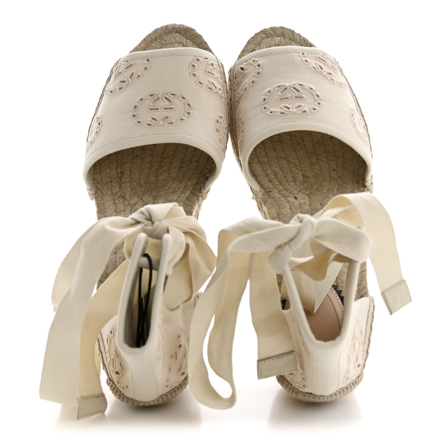 Gucci Canvas Damita GG Eyelet Espadrille Wedge Sandals 38 Ivory 2 of 11