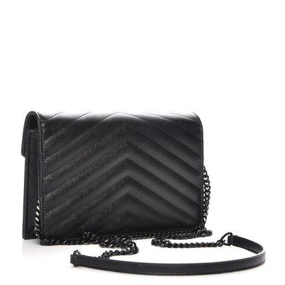 Saint Laurent Grain De Poudre Matelasse Chevron Monogram Envelope Chain Wallet Black 3 of 7