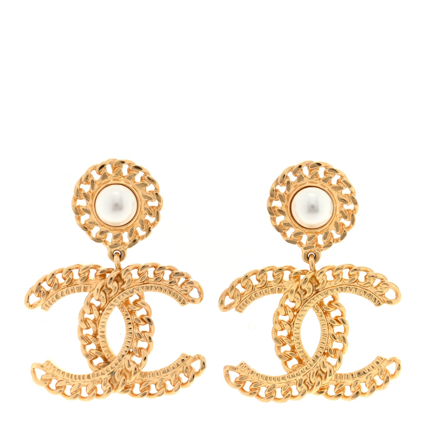Metal Pearl CC Chain Drop Earrings Gold