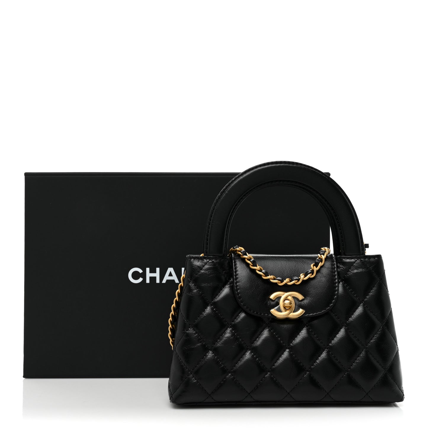Shiny Aged Calfskin Quilted Nano Kelly Shopper Black
