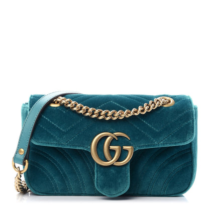 Gucci Velvet Matelasse Mini GG Marmont Shoulder Bag Pavone Cyan 1 of 11