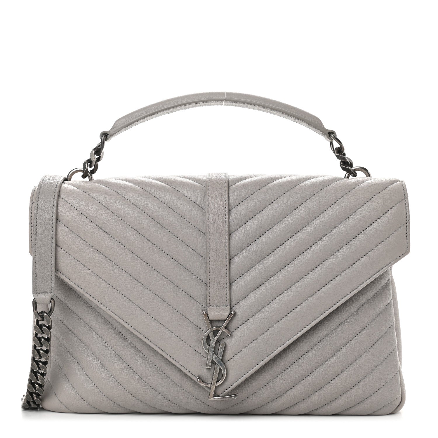 Saint Laurent Sheepskin Matelasse Chevron Monogram Large College Satchel Light Grey 1 of 11