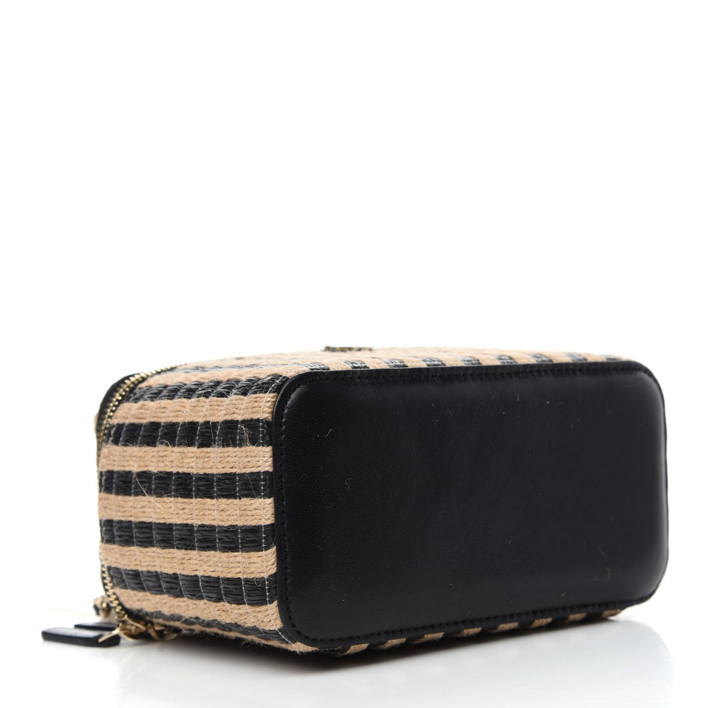 Raffia Jute Striped Small Vanity Case With Chain Black Beige