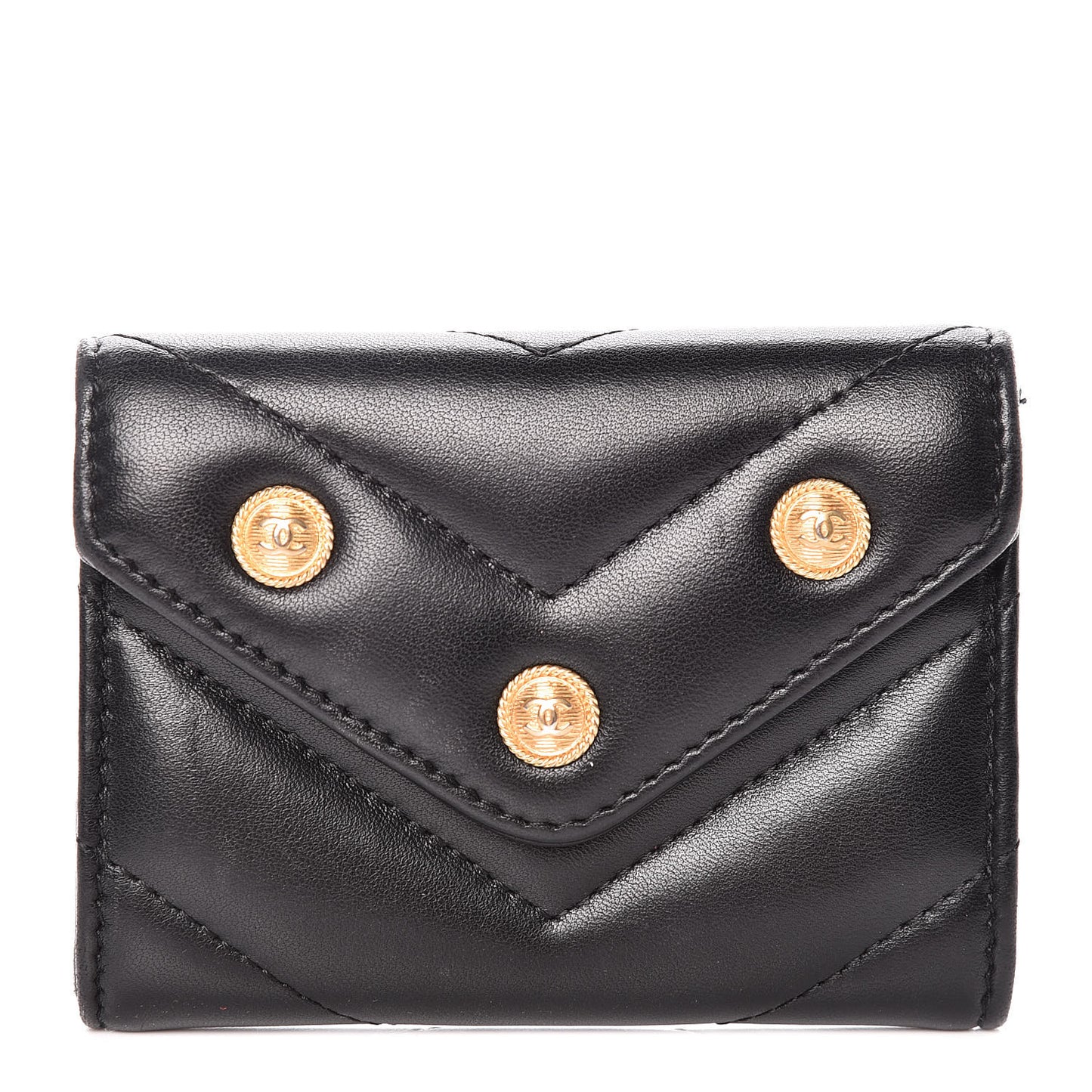 Lambskin Chevron Quilted Medallion CC Card Holder Black