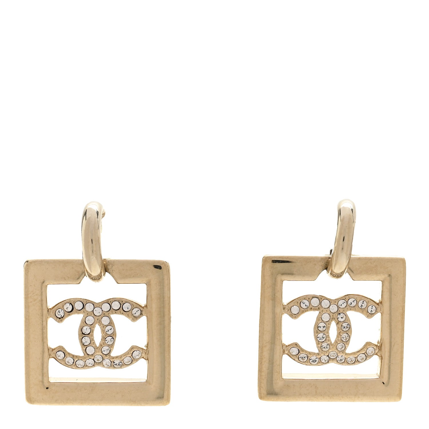 Chanel Metal Crystal Square CC Dangle Earrings Gold 1 of 5
