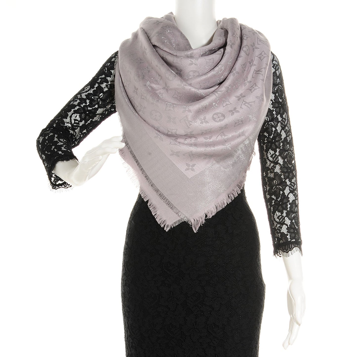 Silk Lurex Wool Monogram Shine Shawl Pearl Grey