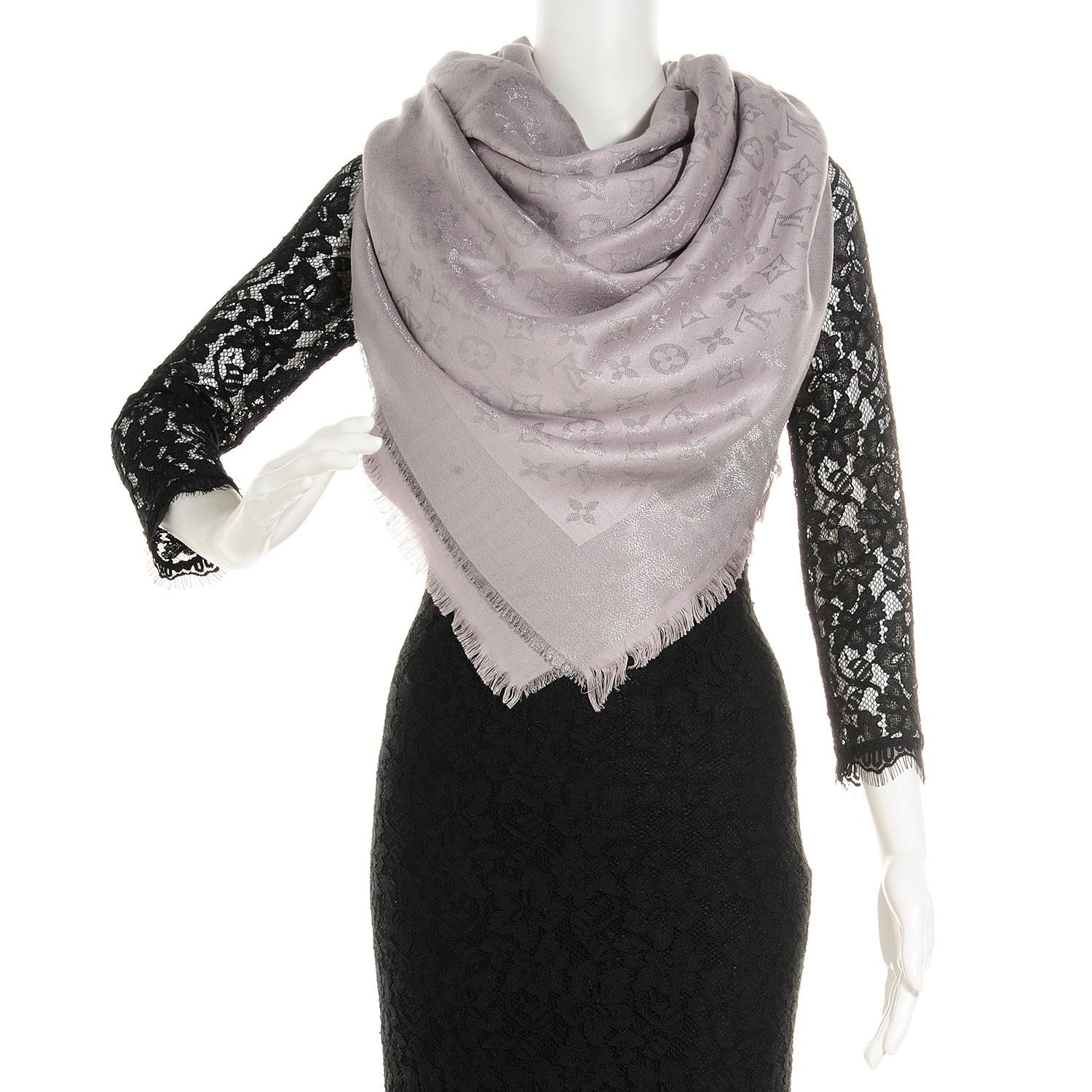 Louis Vuitton Silk Lurex Wool Monogram Shine Shawl Pearl Grey 2 of 4