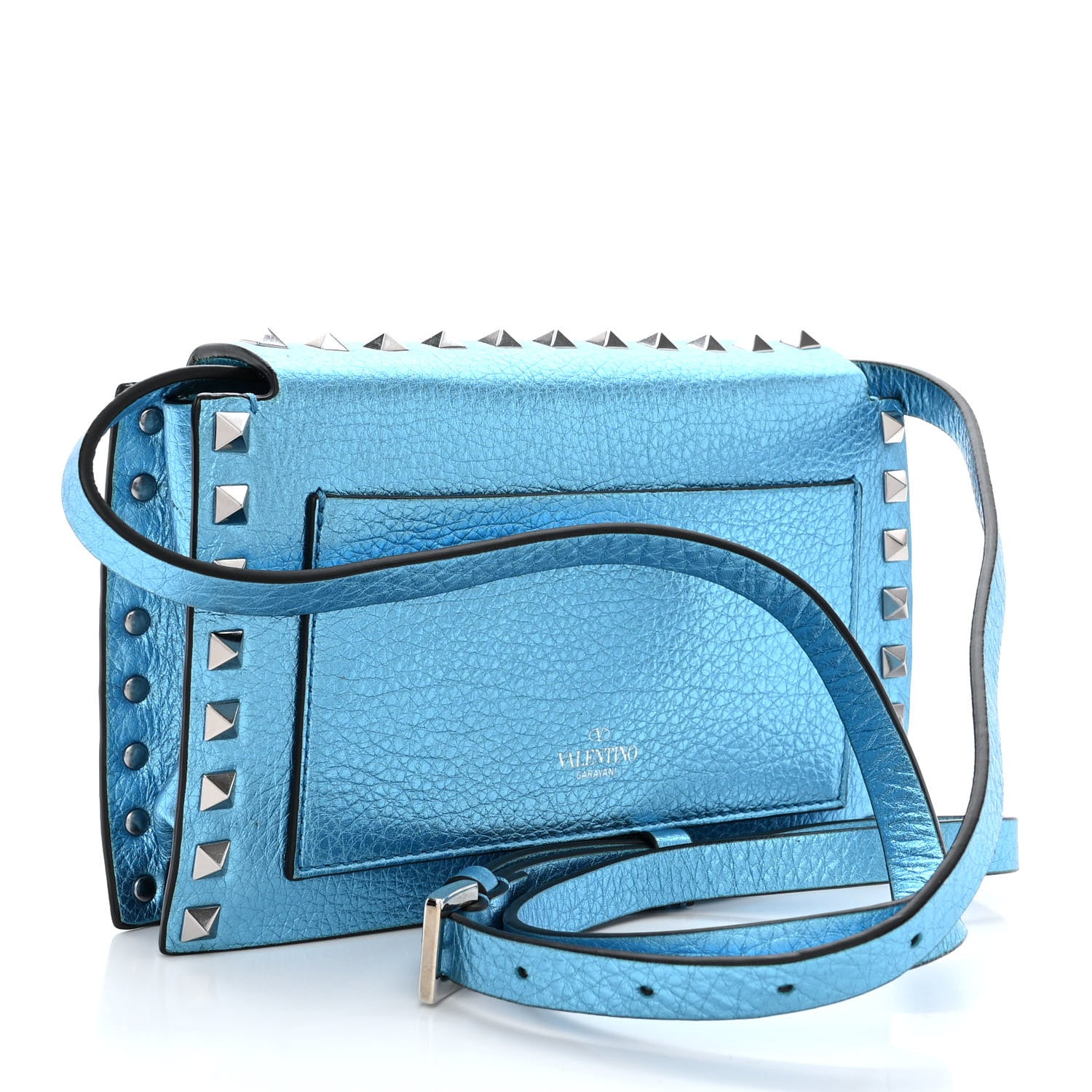Valentino Garavani Metallic Pebbled Calfskin Small Rockstud Overlay Flap Shoulder Bag Cerulean 3 of 9
