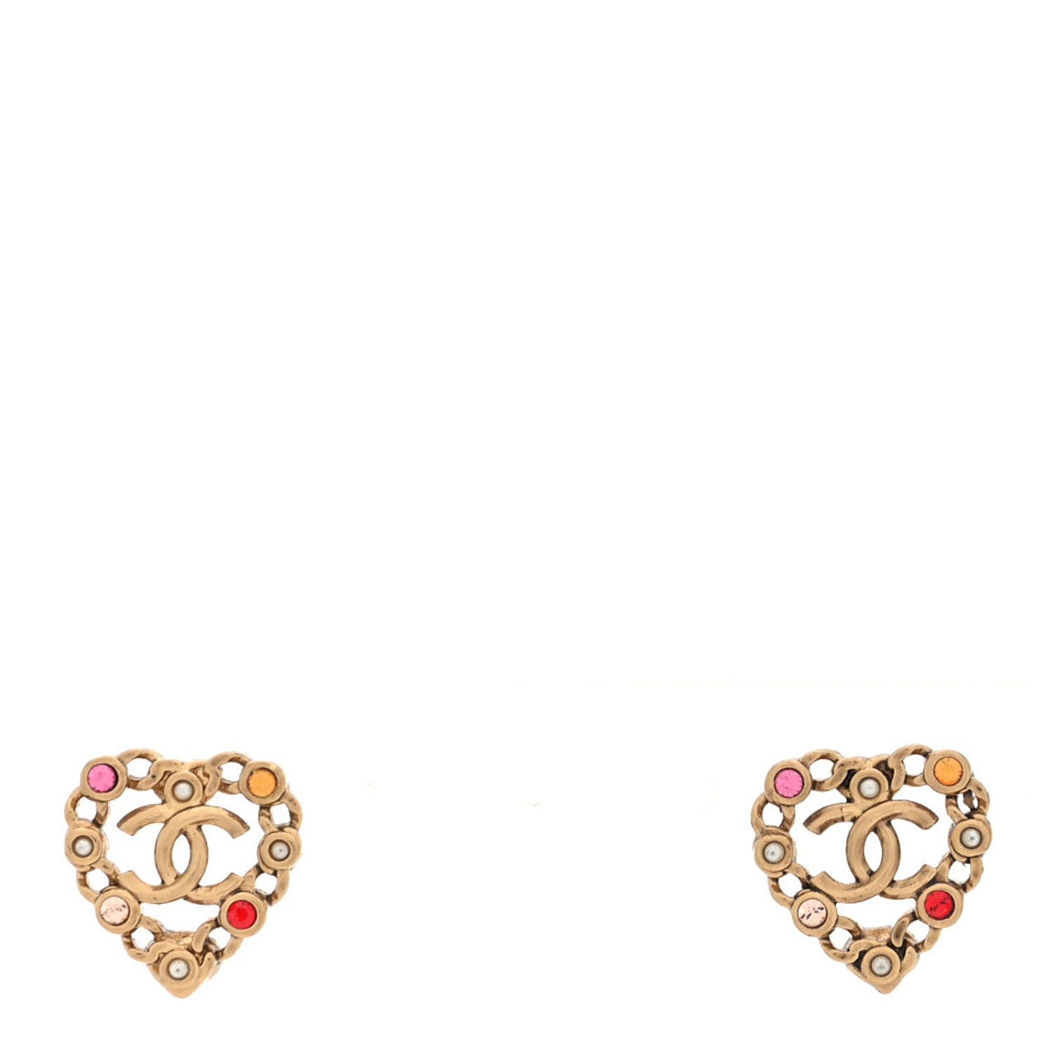 Chanel Pearl Crystal CC Heart Earrings Gold Multicolor 1 of 4