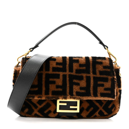 Fendi Shearling Vitello Dolce Macro FF 1974 Baguette Tobacco Black 1 of 11