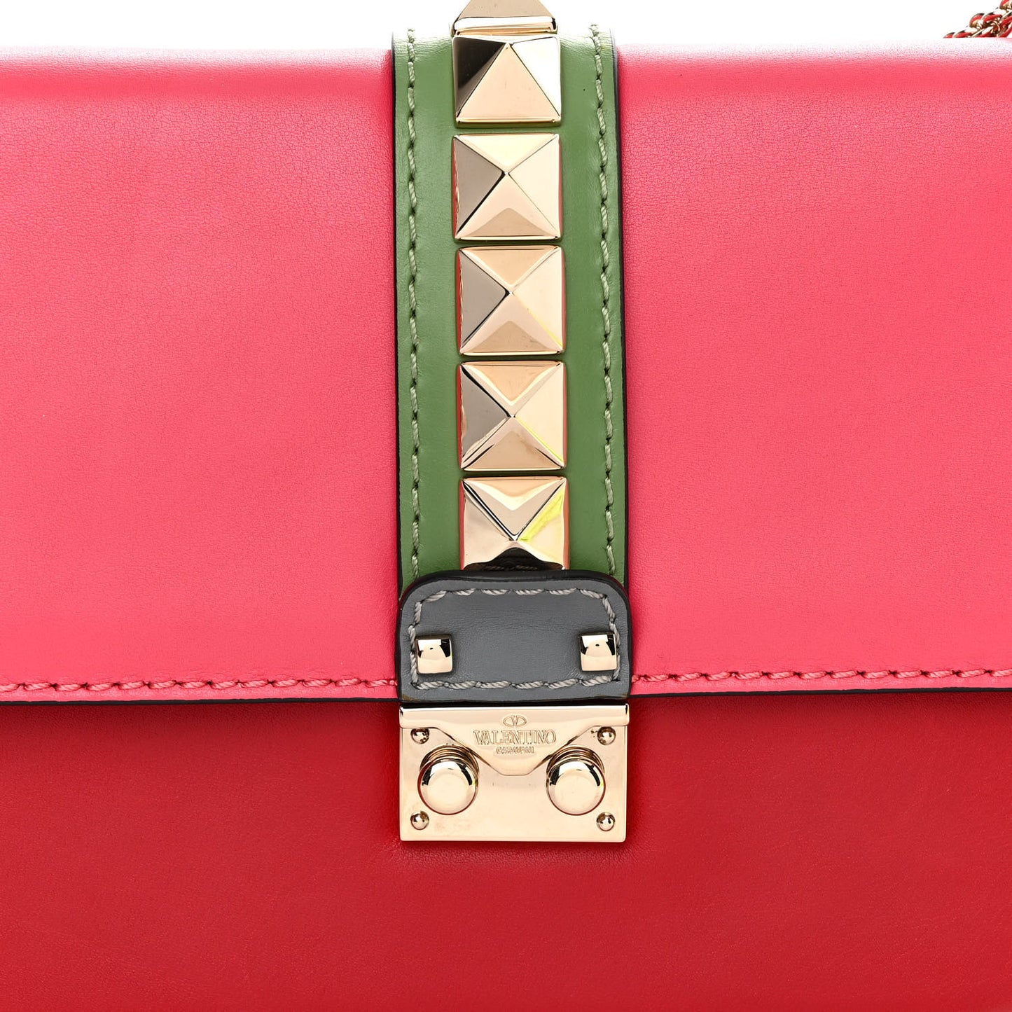 Vitello Medium Glam Lock Rockstud Flap Deep Rose Scarlet Grey Green