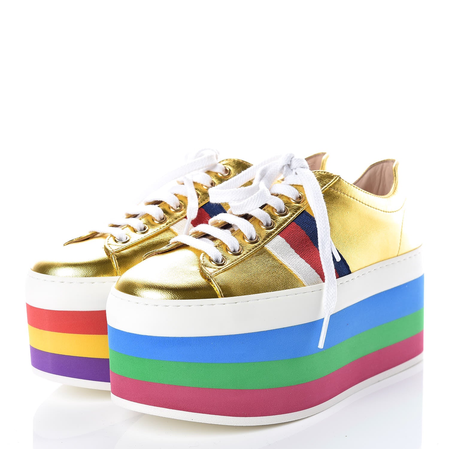 Gucci Metallic Nappa Sylvie Web Peggy Platform Sneakers 35.5 Oro Vecchio 3 of 11