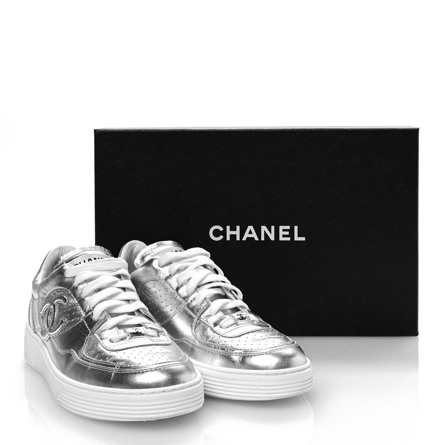 Laminated Calfskin CC Womens Sneakers 38 Silver