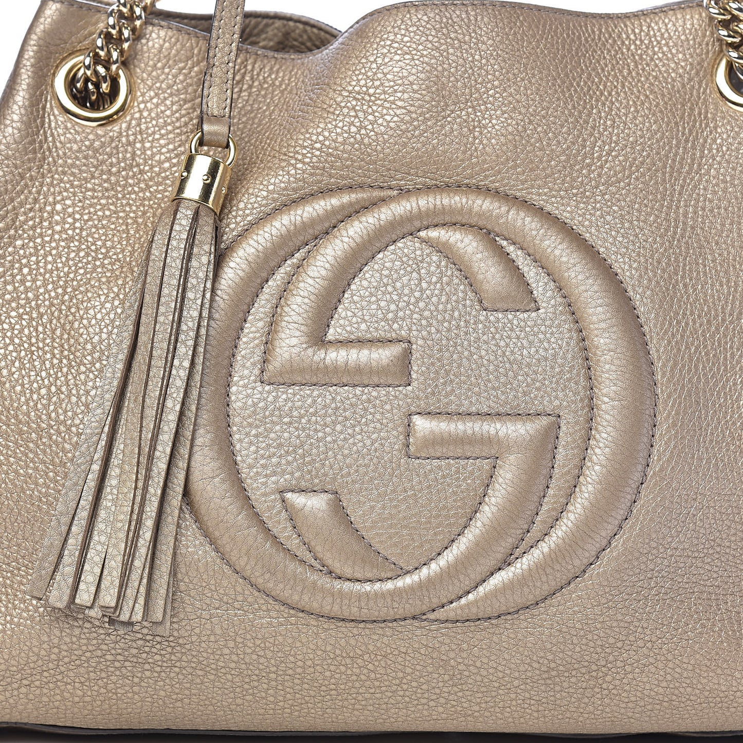 Metallic Pebbled Calfskin Medium Soho Chain Shoulder Bag Golden Beige