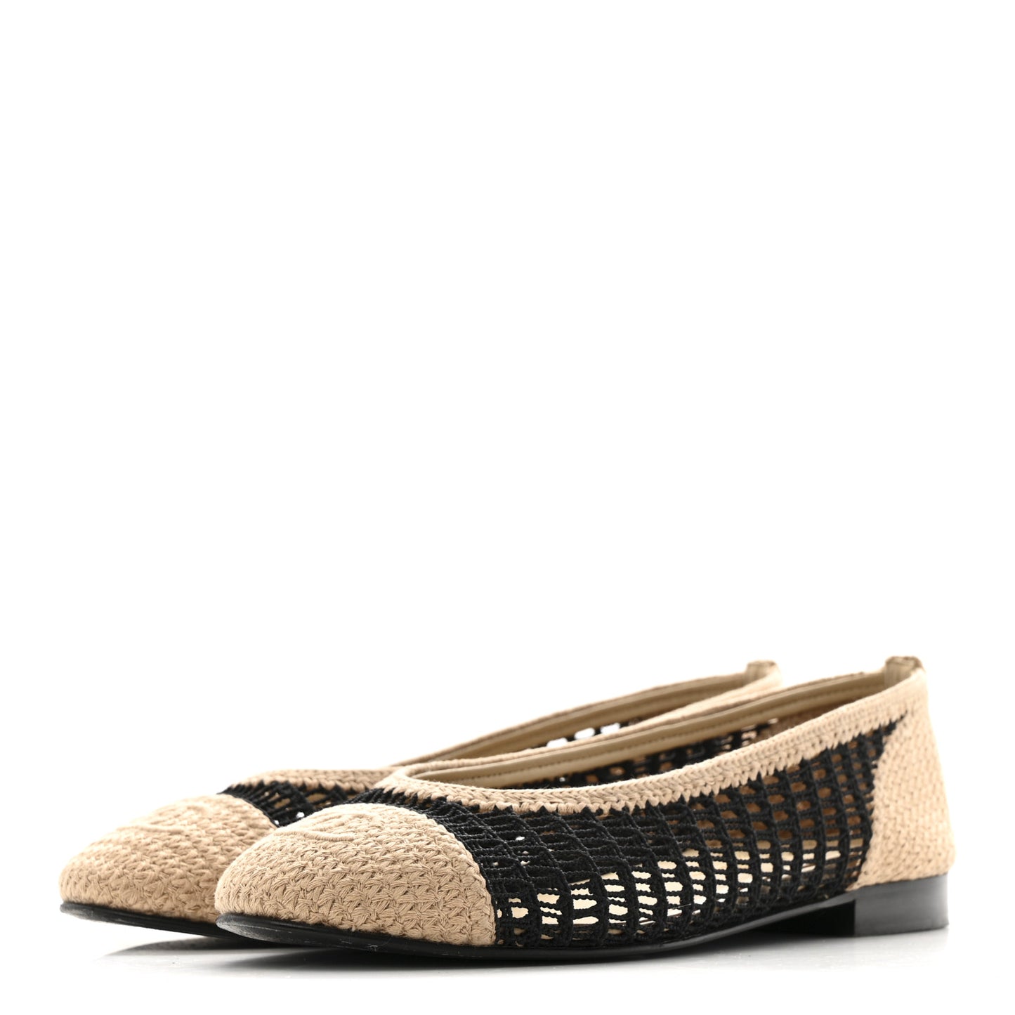 Raffia Cap Toe Ballerina Flats 38 Black Beige