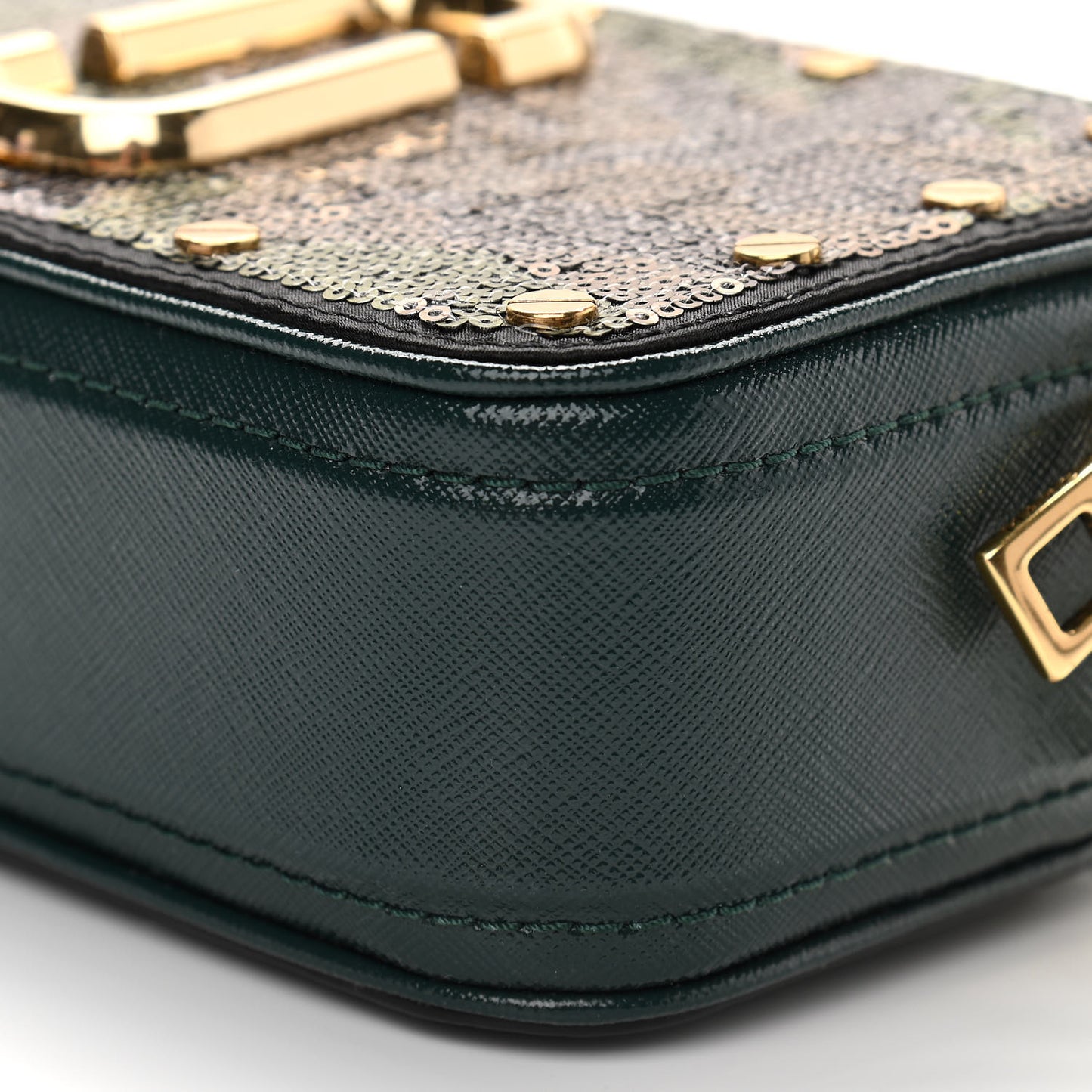 Saffiano Sequin Camouflage Stud Snapshot Camera Bag Green Gold