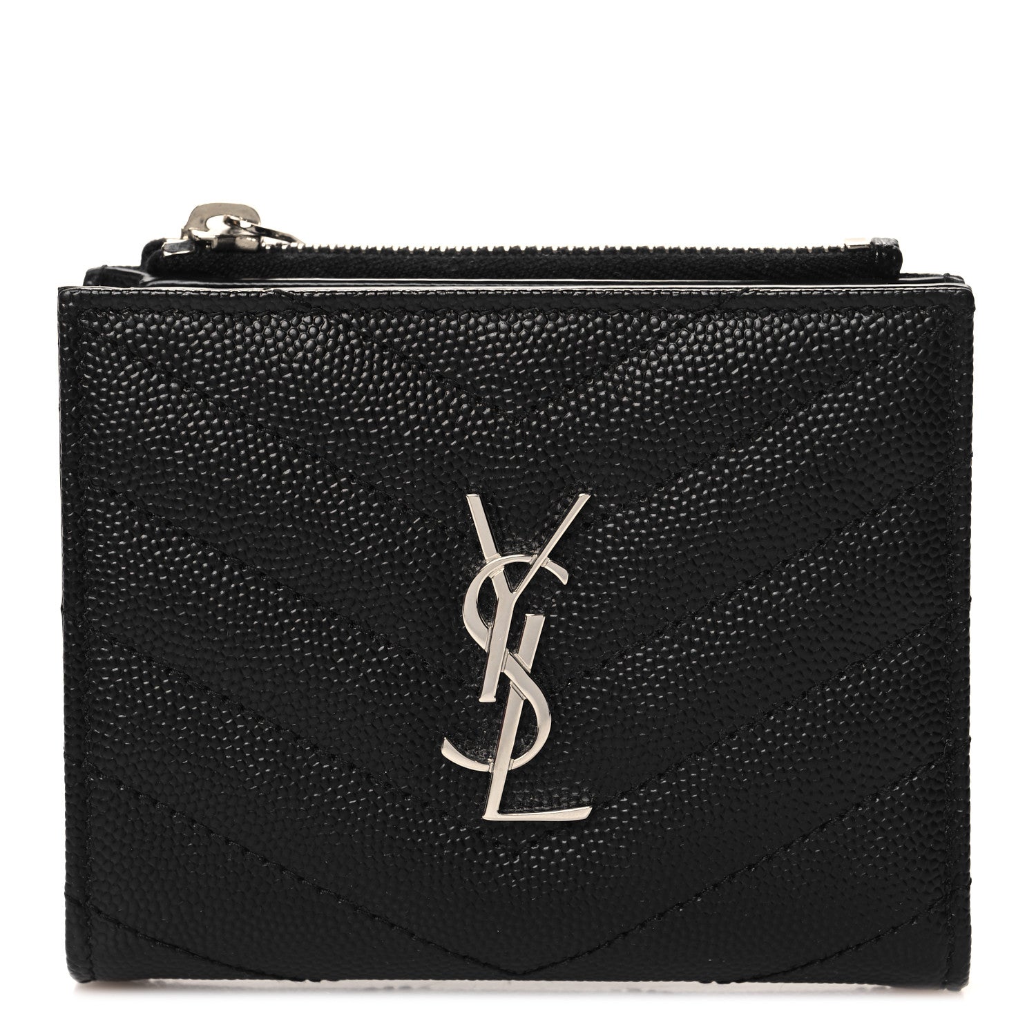 Saint Laurent Grain De Poudre Matelasse Chevron Monogram Zipped Card Case Black 1 of 8