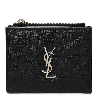 Saint Laurent Grain De Poudre Matelasse Chevron Monogram Zipped Card Case Black 1 of 8