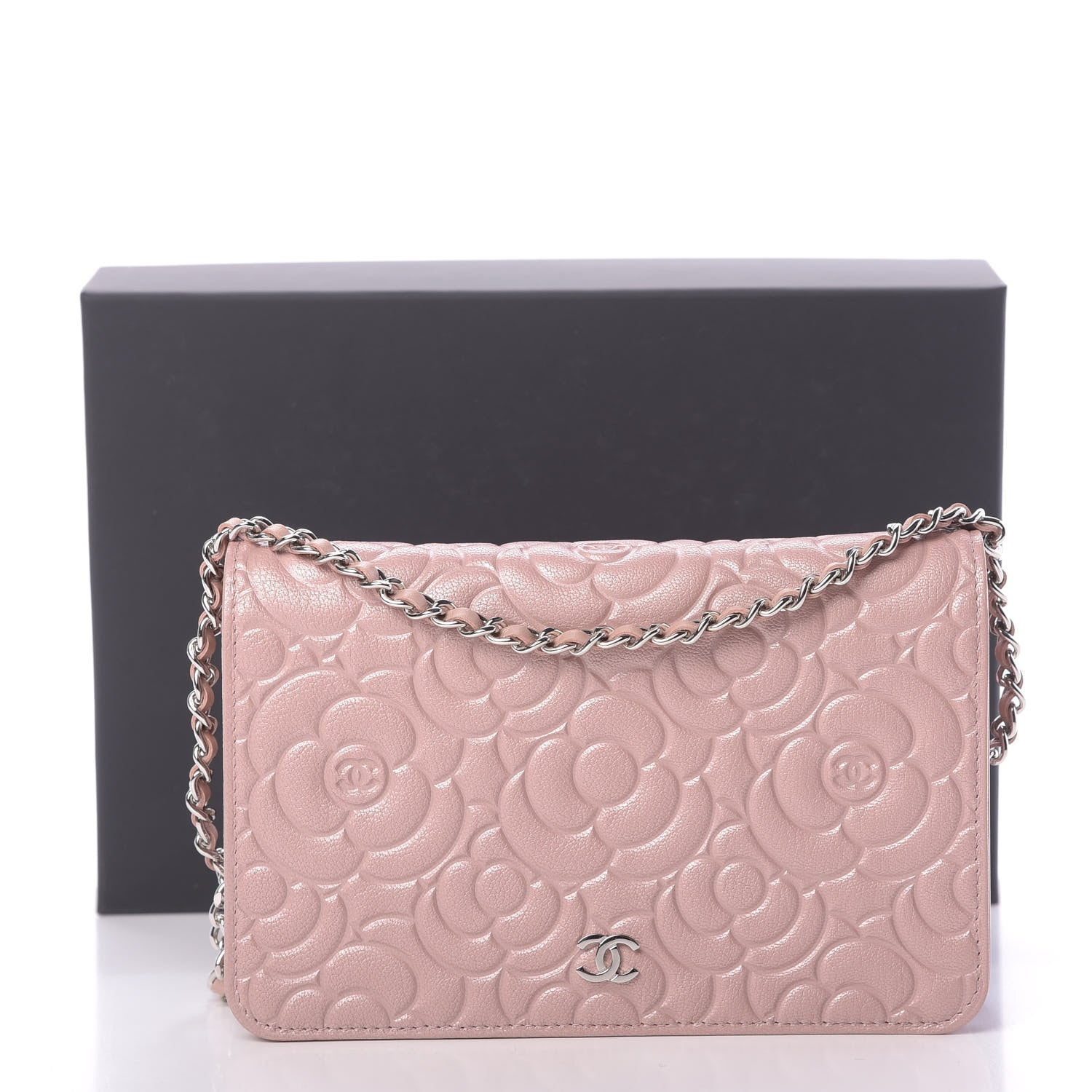 Chanel Goatskin Camellia Embossed Wallet On Chain WOC Light Pink 12 of 12