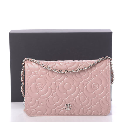 Chanel Goatskin Camellia Embossed Wallet On Chain WOC Light Pink 12 of 12