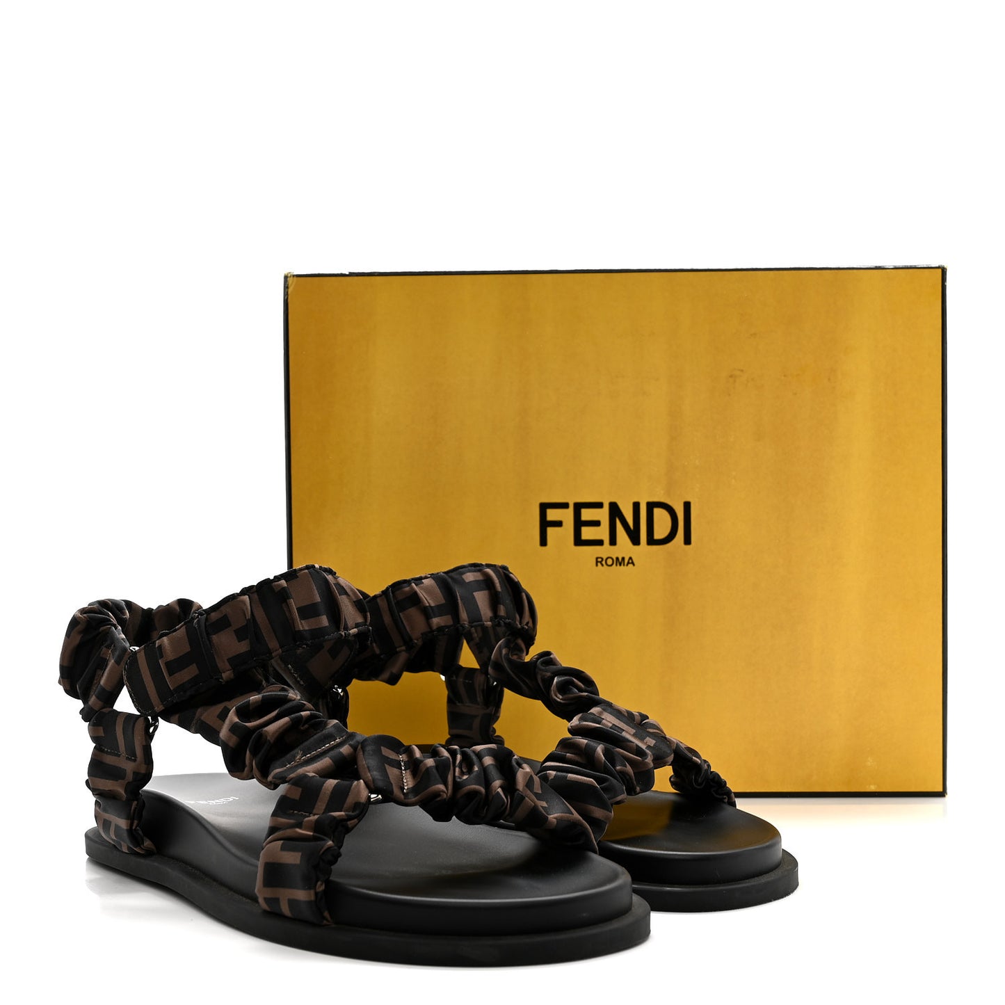 Satin FF Ruched Sandals 40 Tobacco Black