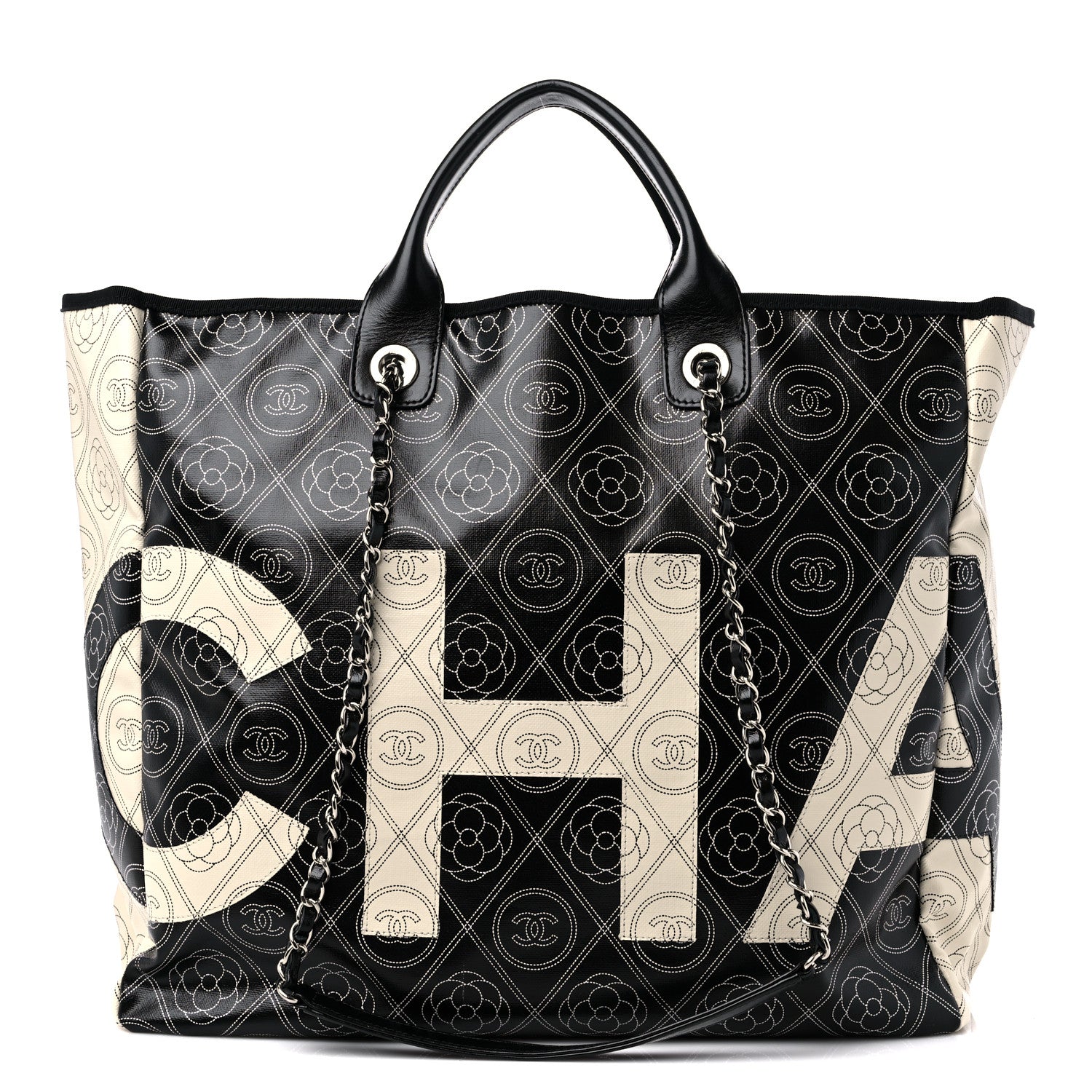 Chanel Coated Canvas Camellia Large Shopping Tote Black Beige 1 of 9