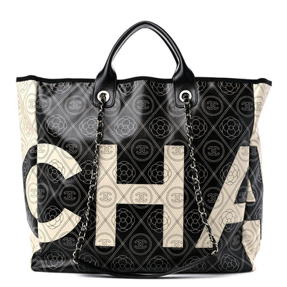 Chanel Coated Canvas Camellia Large Shopping Tote Black Beige 1 of 9