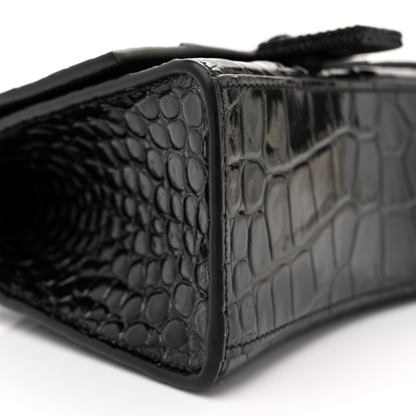Shiny Calfskin Monochrome Crocodile Embossed Strass Hourglass Top Handle Bag XS Black