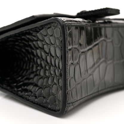 Balenciaga Shiny Calfskin Monochrome Crocodile Embossed Strass Hourglass Top Handle Bag XS Black 10 of 11