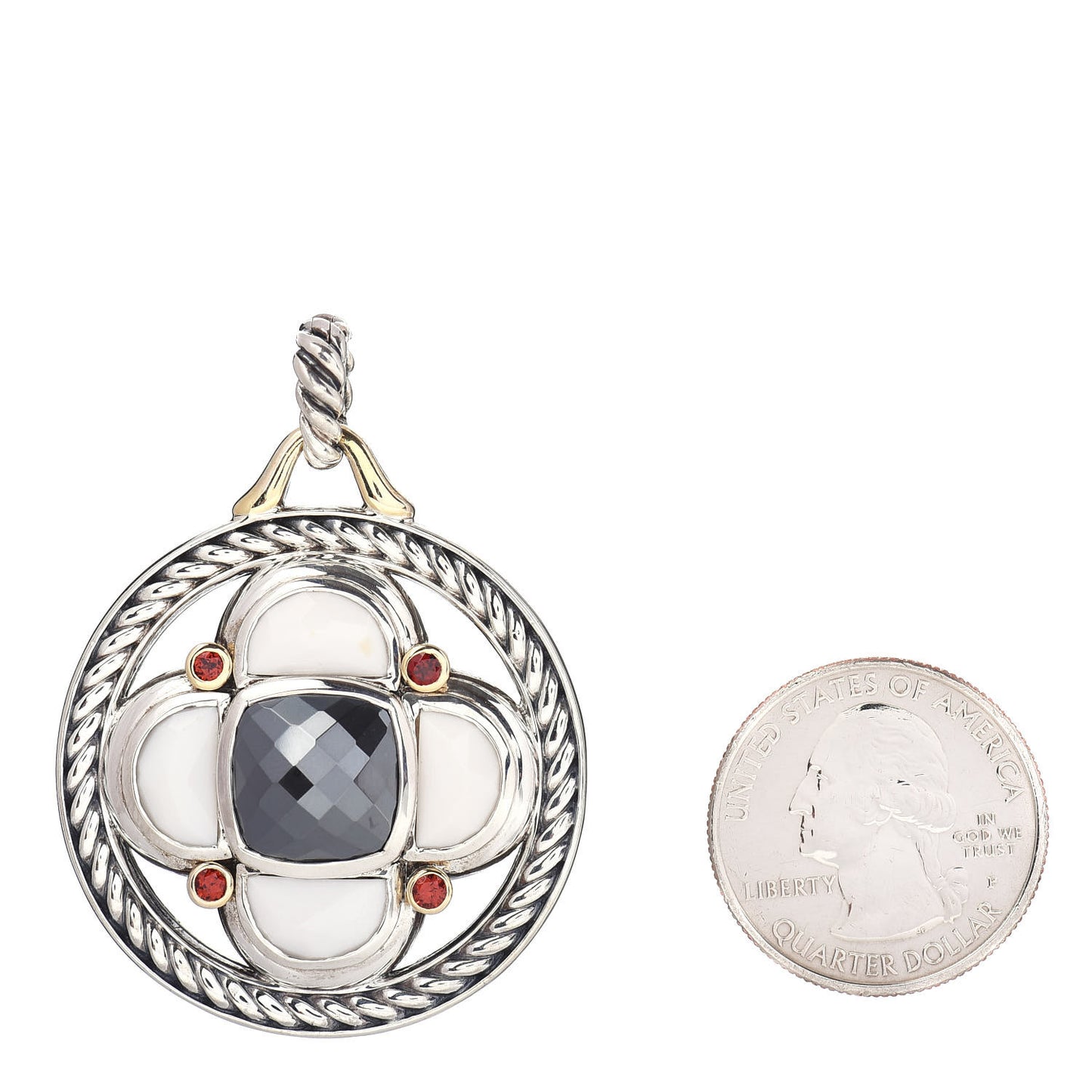 Sterling Silver 18K Yellow Gold White Agate Hematite Garnet Half Moon Renaissance Enhancer Pendant