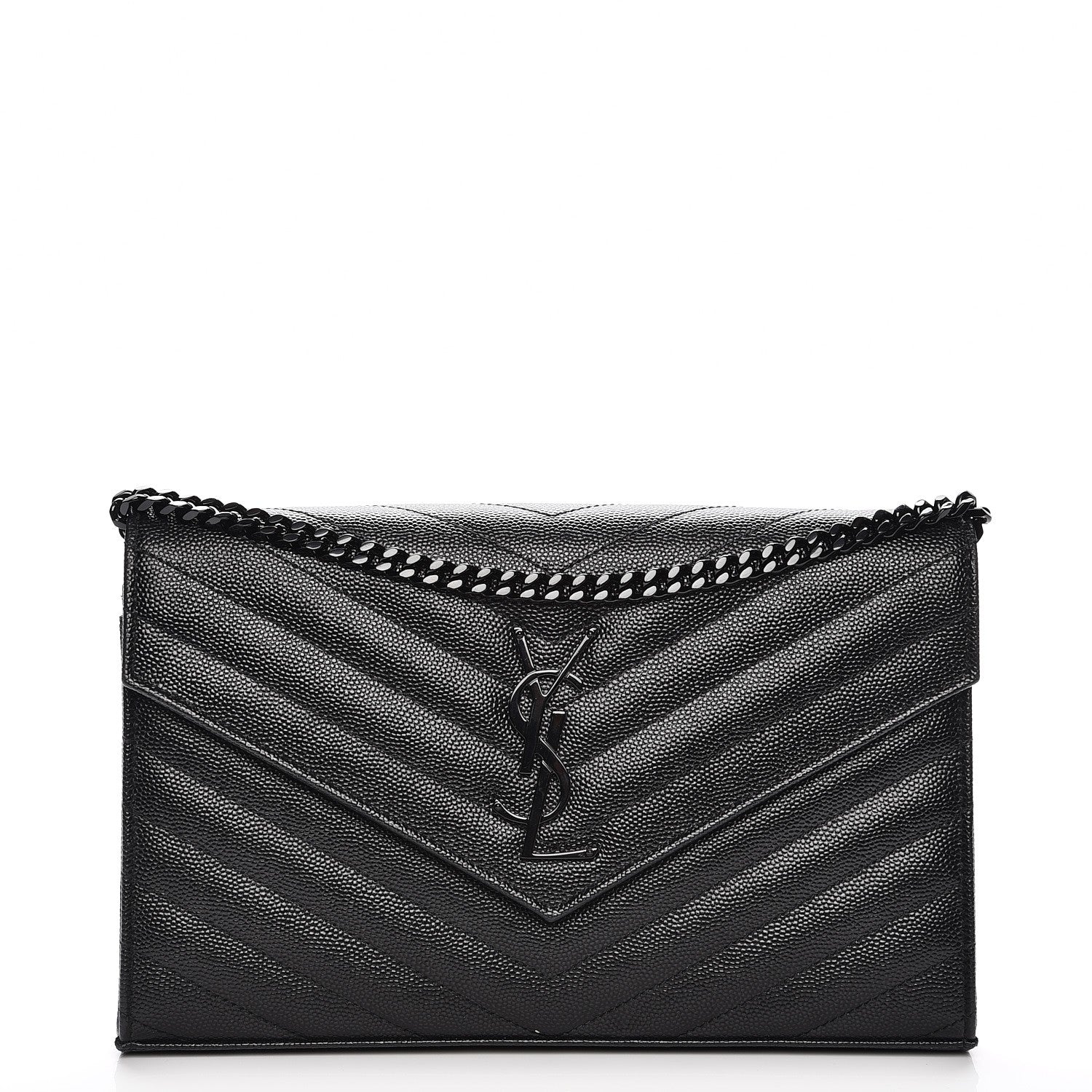 Saint Laurent Grain De Poudre Matelasse Chevron Monogram Chain Wallet Black 1 of 7