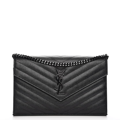 Saint Laurent Grain De Poudre Matelasse Chevron Monogram Chain Wallet Black 1 of 7