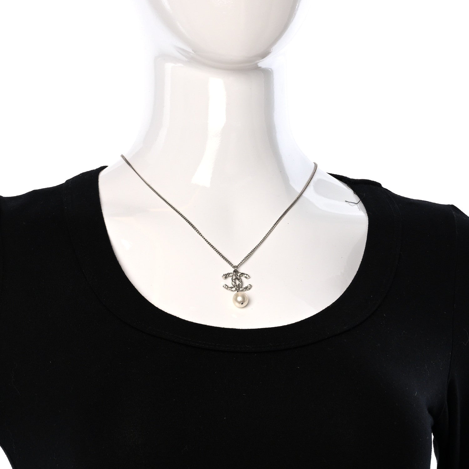 Chanel Crystal Pearl Twisted CC Drop Necklace Silver 3 of 4