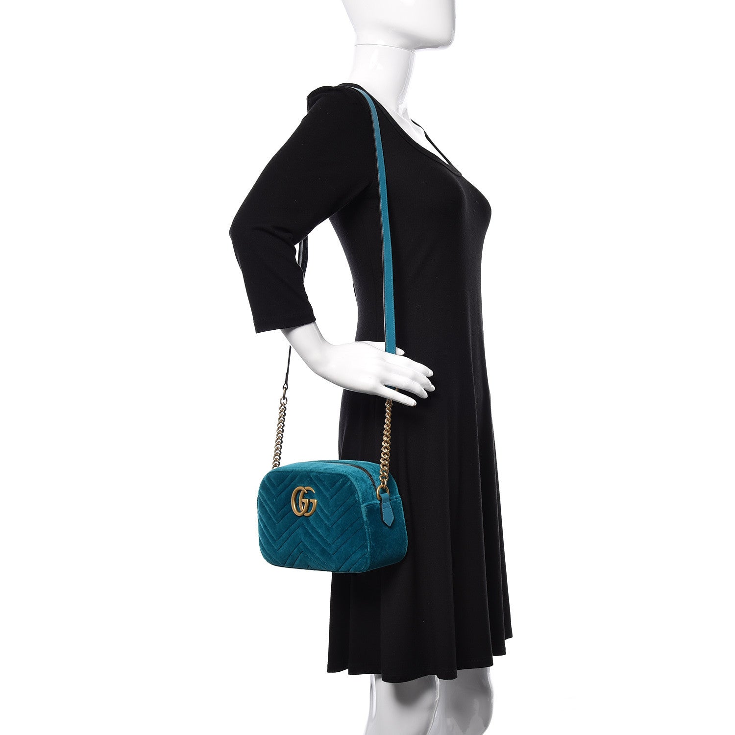 Gucci Velvet Matelasse Small GG Marmont Chain Shoulder Bag Pavone Cyan 2 of 10