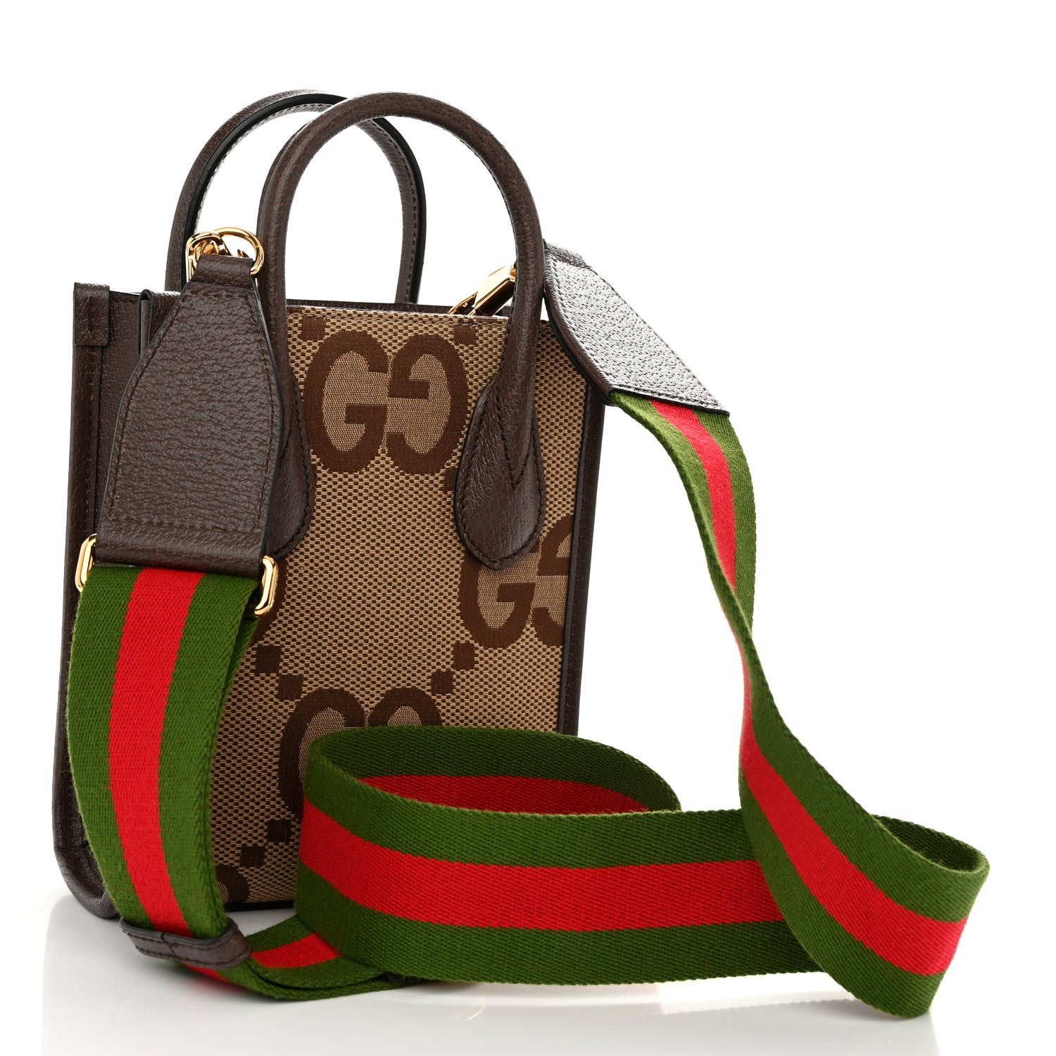 Gucci Monogram Jumbo GG Textured Dollar Calfskin Web Mini Vertical Tote Camel Ebony New Acero 3 of 9