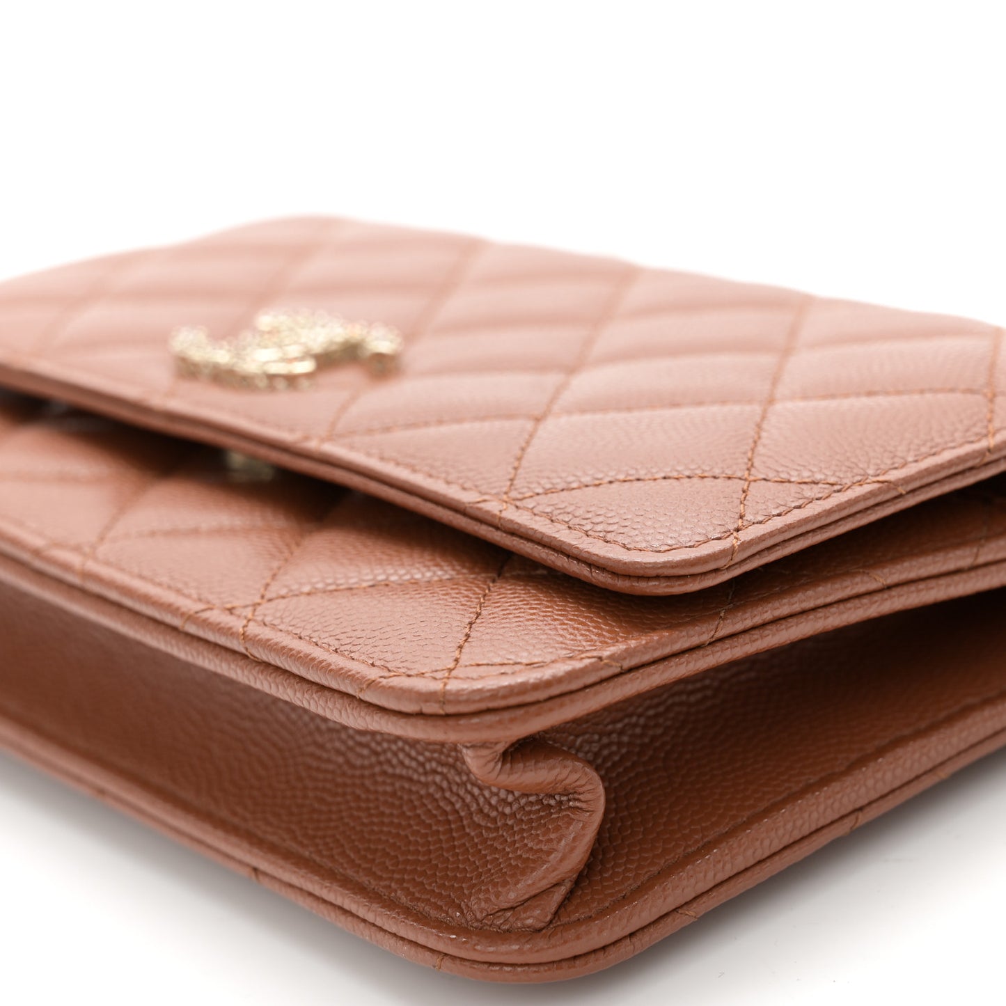 Shiny Caviar Quilted Strass Wallet On Chain WOC Light Brown