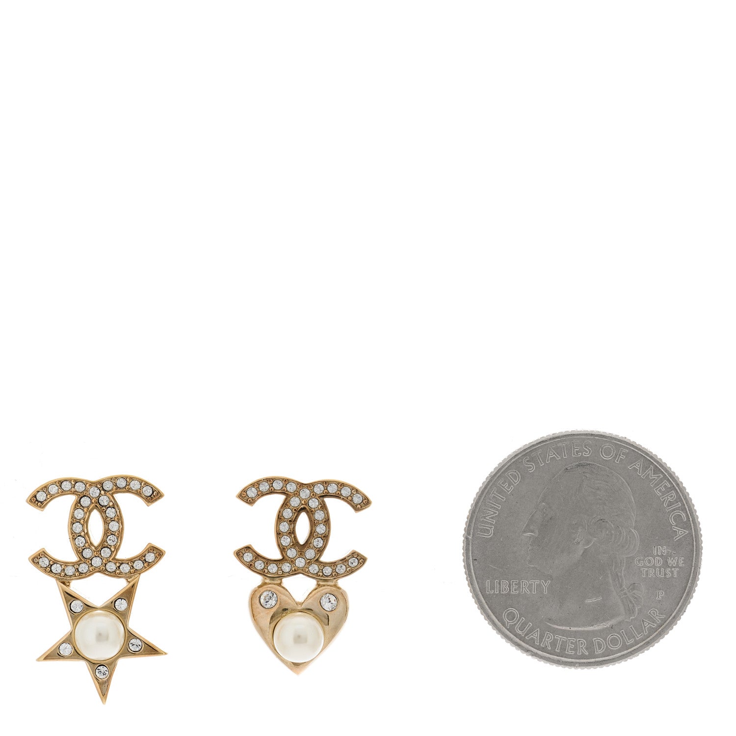 Chanel Crystal Pearl Charming Winter CC Star Heart Earrings Gold 2 of 5